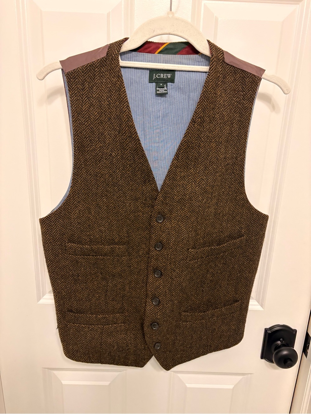 J. Crew Men's Brown Herringbone Wool-Blend Vest with Leather Accents